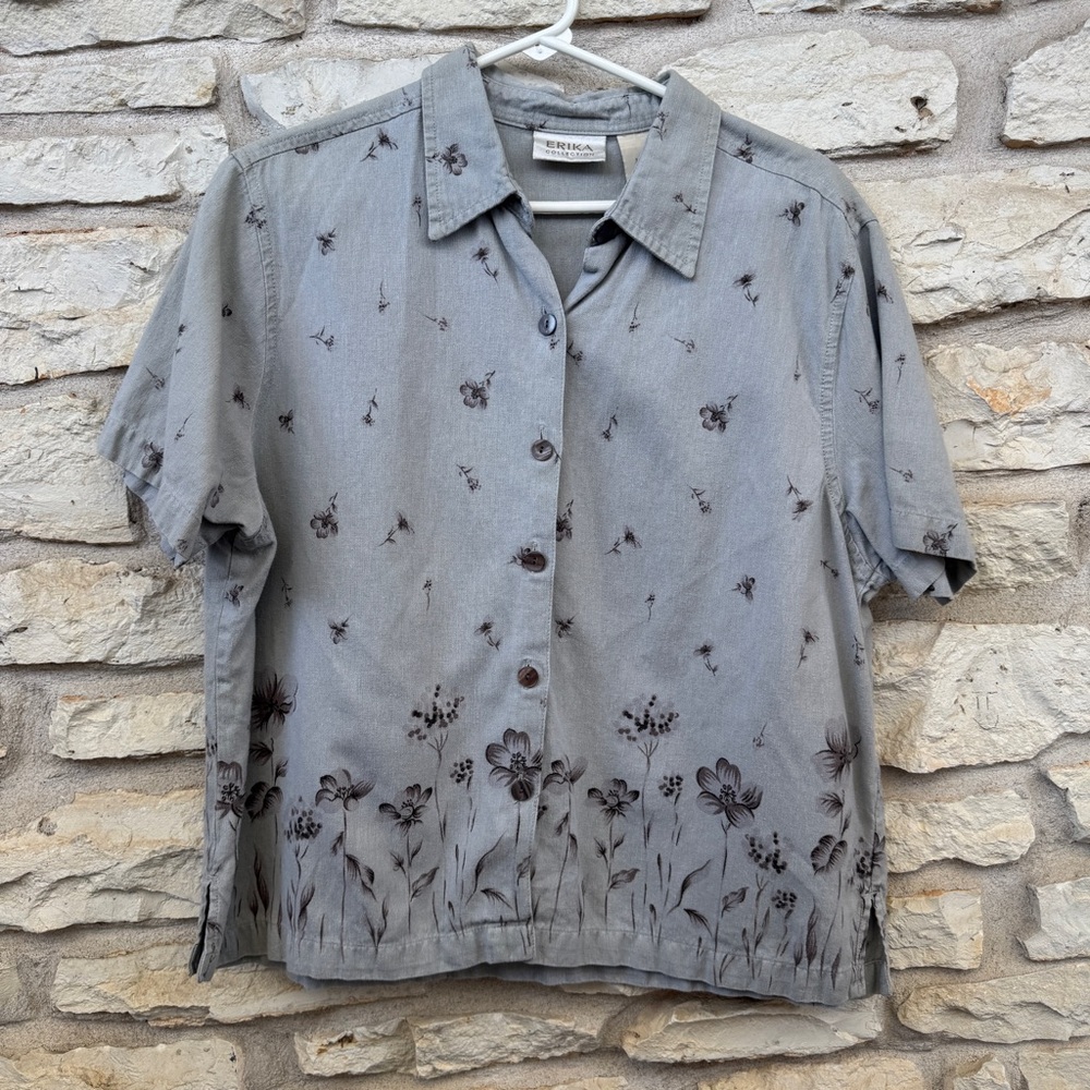 Erika Collection Light Gray Shirt Floral Vintage XL